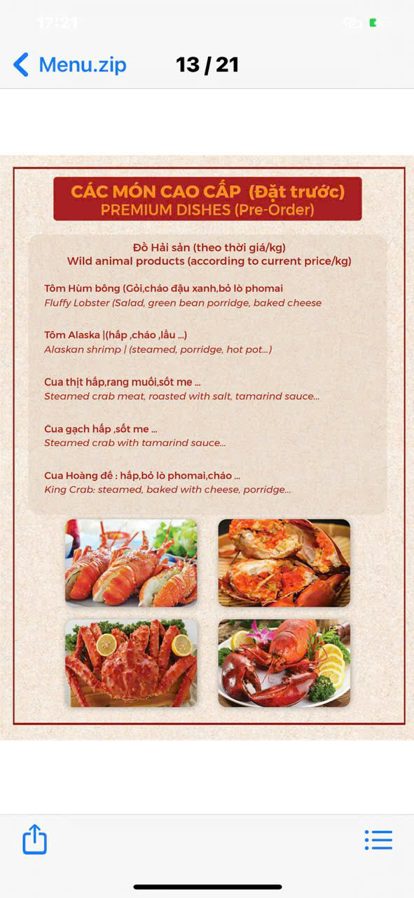 Menu Nhà hàng Mộc Phố - Mai Hắc Đế 9 