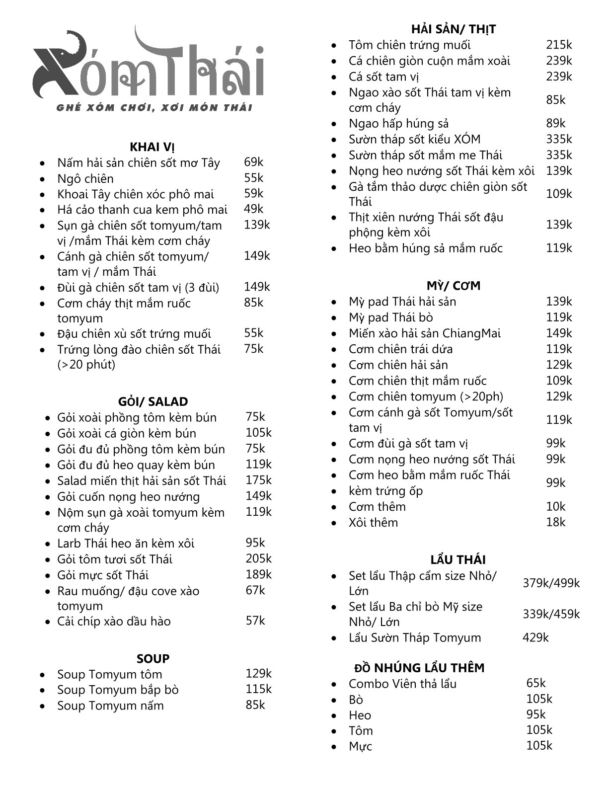 Menu Xóm Thái  - Thành Công 1 