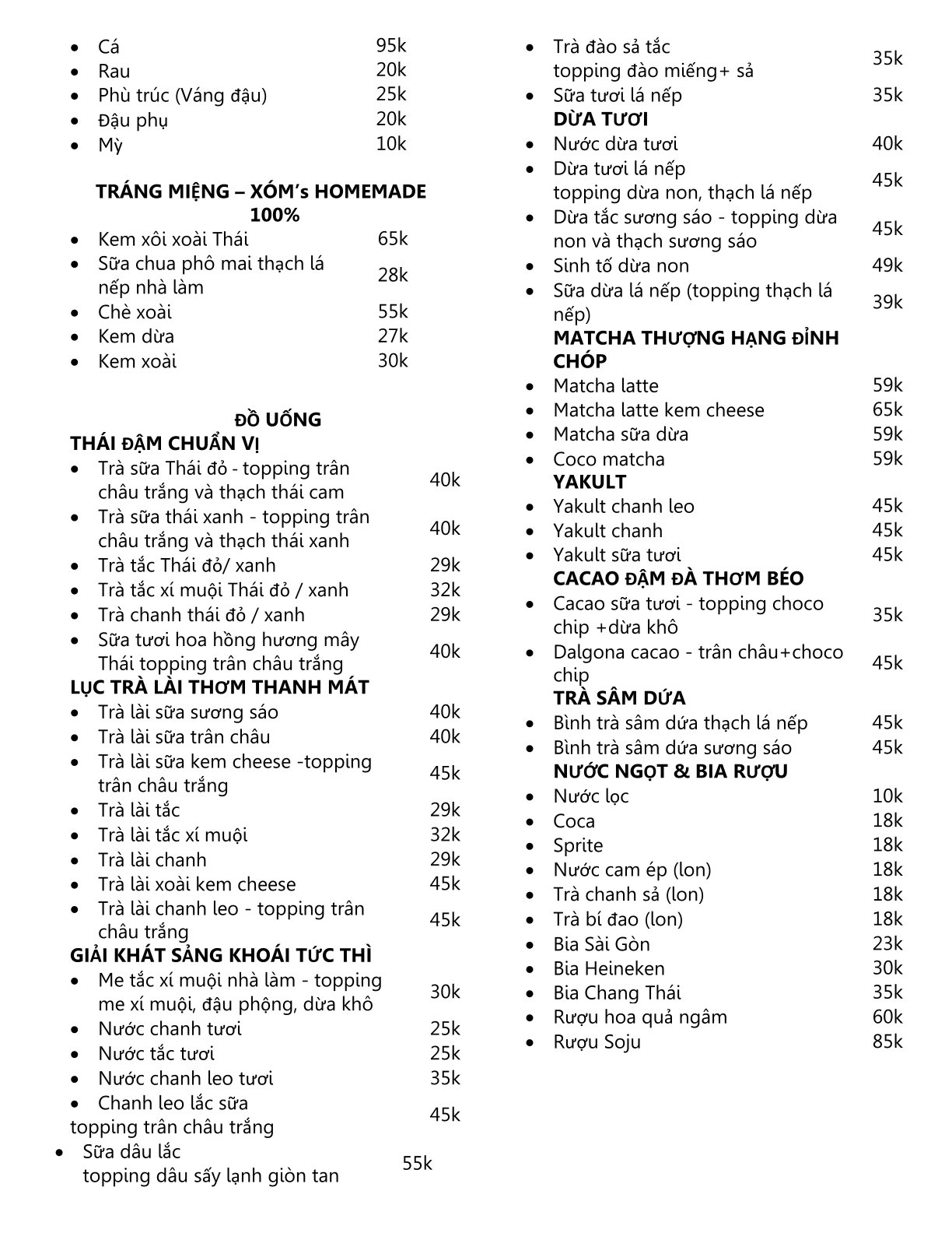 Menu Xóm Thái  - Thành Công 2 