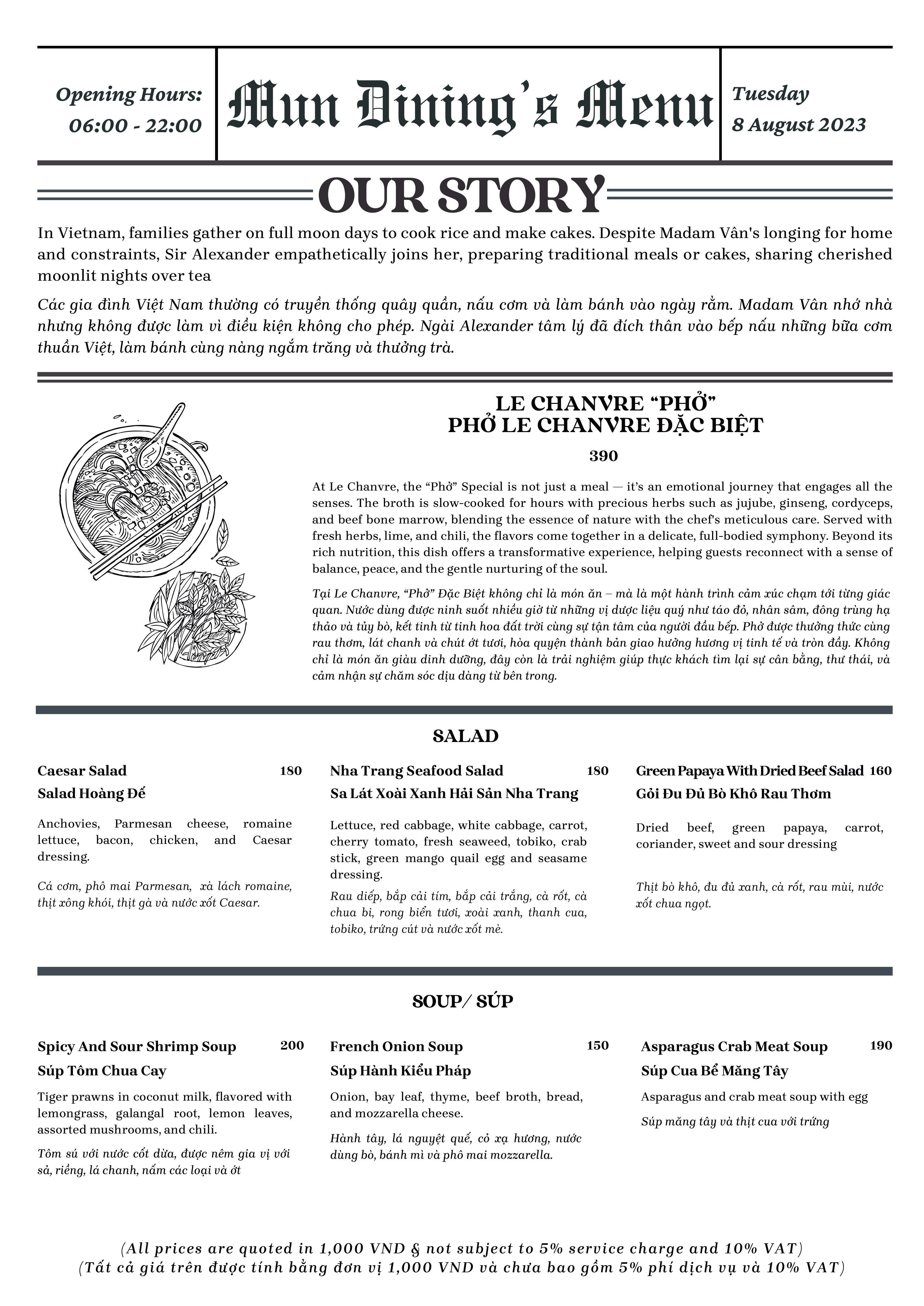 Menu Mun Dining - Le Chanvre Hanoi Hotel & Spa Hàng Gai 1