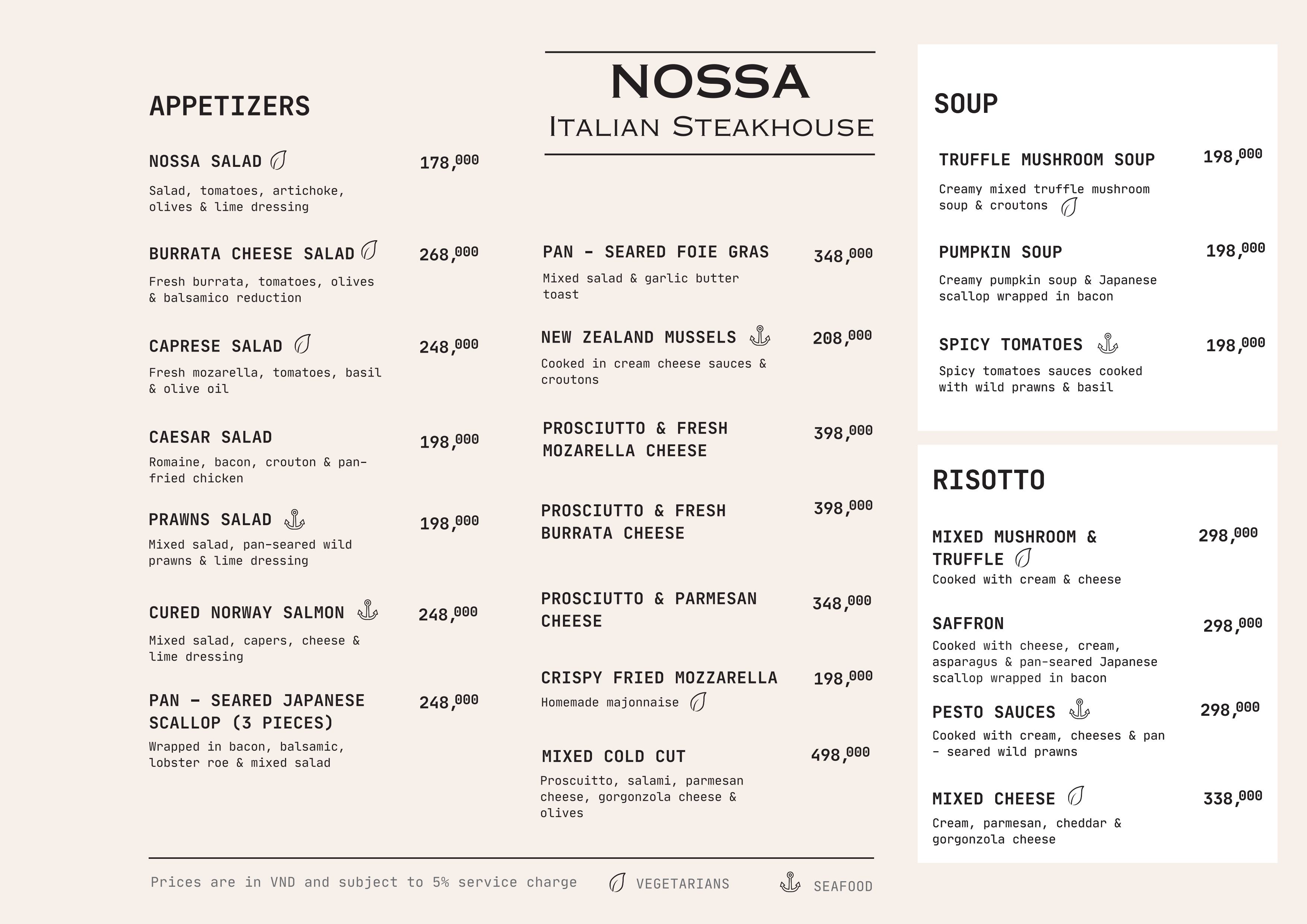 Menu NOSSA Italian steakhouse - Phạm Hồng Thái 1