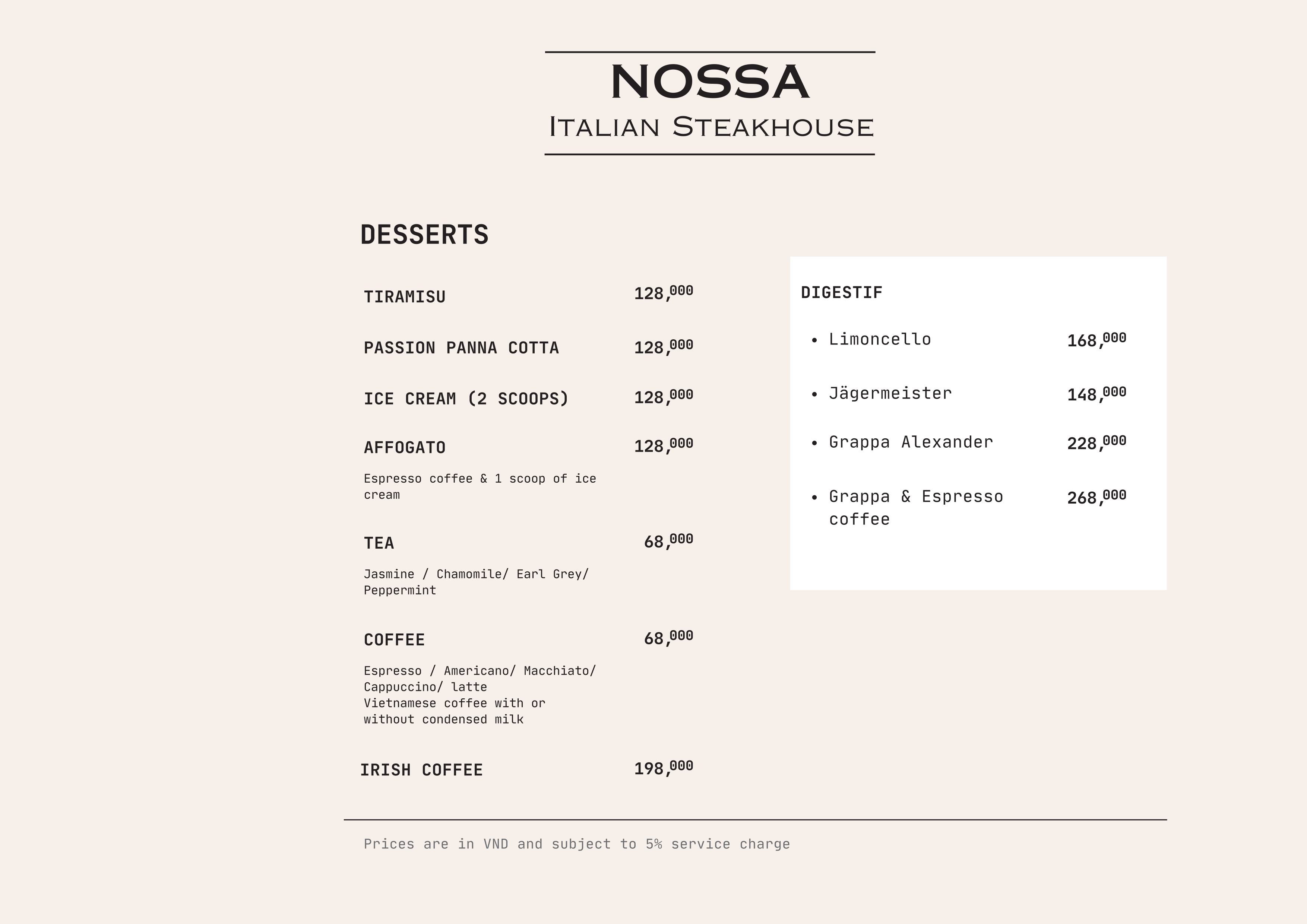 Menu NOSSA Italian steakhouse - Phạm Hồng Thái 6