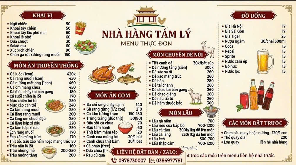 Menu Nhà hàng Tám Lý - 138 Chằm Mè 1 