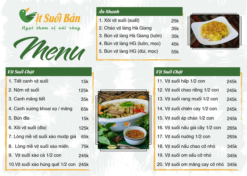 Menu Vịt Suối Bản - Trung Kính 1 