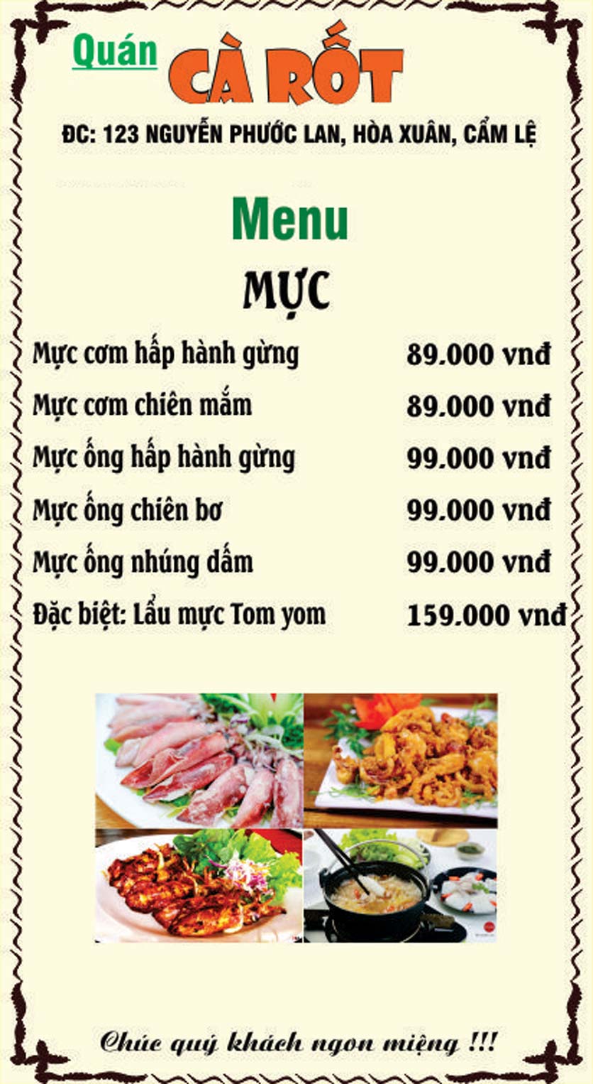 Menu Quán Cà Rốt – Nguyễn Phước Lan 11 