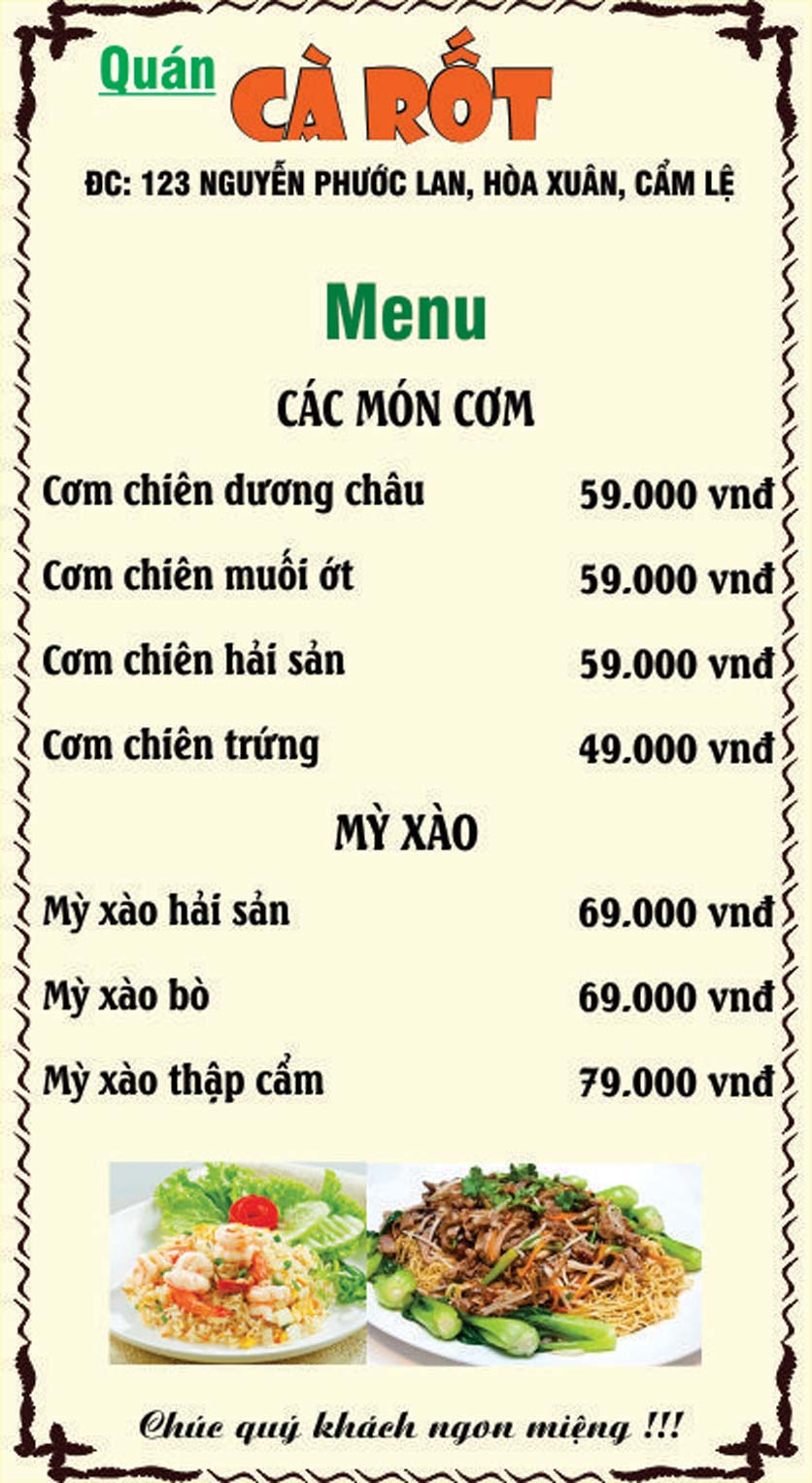 Menu Quán Cà Rốt – Nguyễn Phước Lan 21 