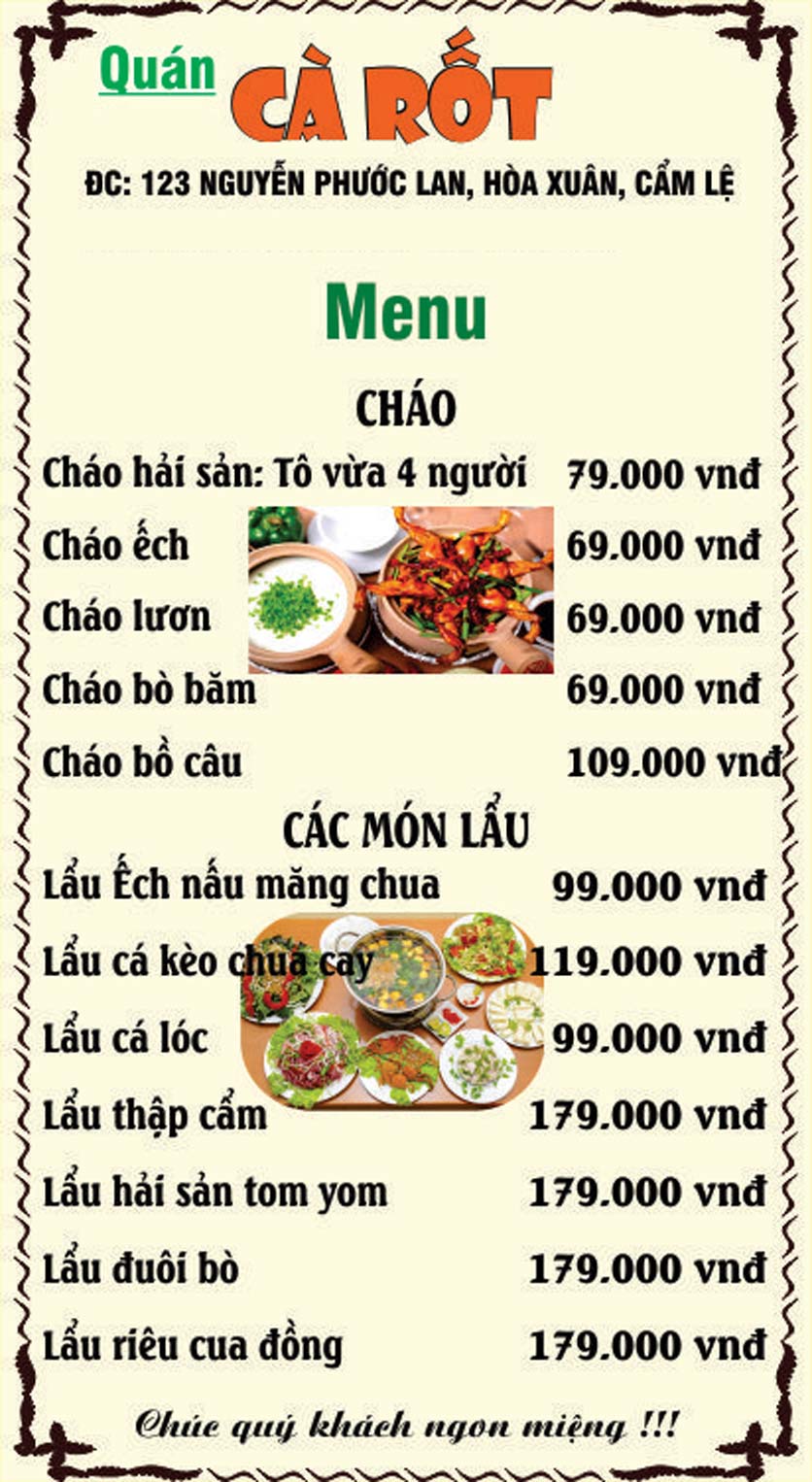 Menu Quán Cà Rốt – Nguyễn Phước Lan 6 
