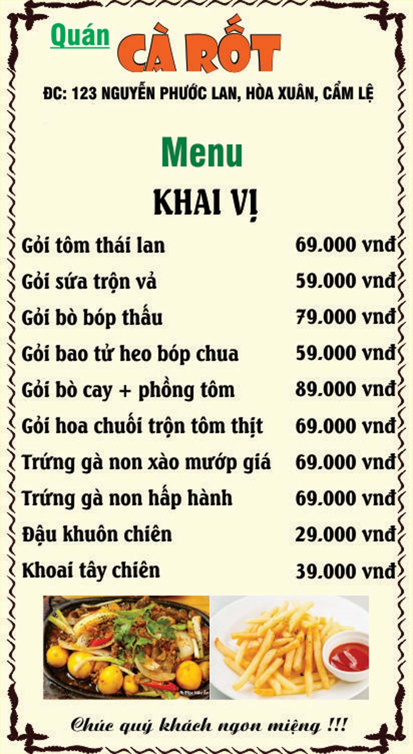 Menu Quán Cà Rốt – Nguyễn Phước Lan 8 