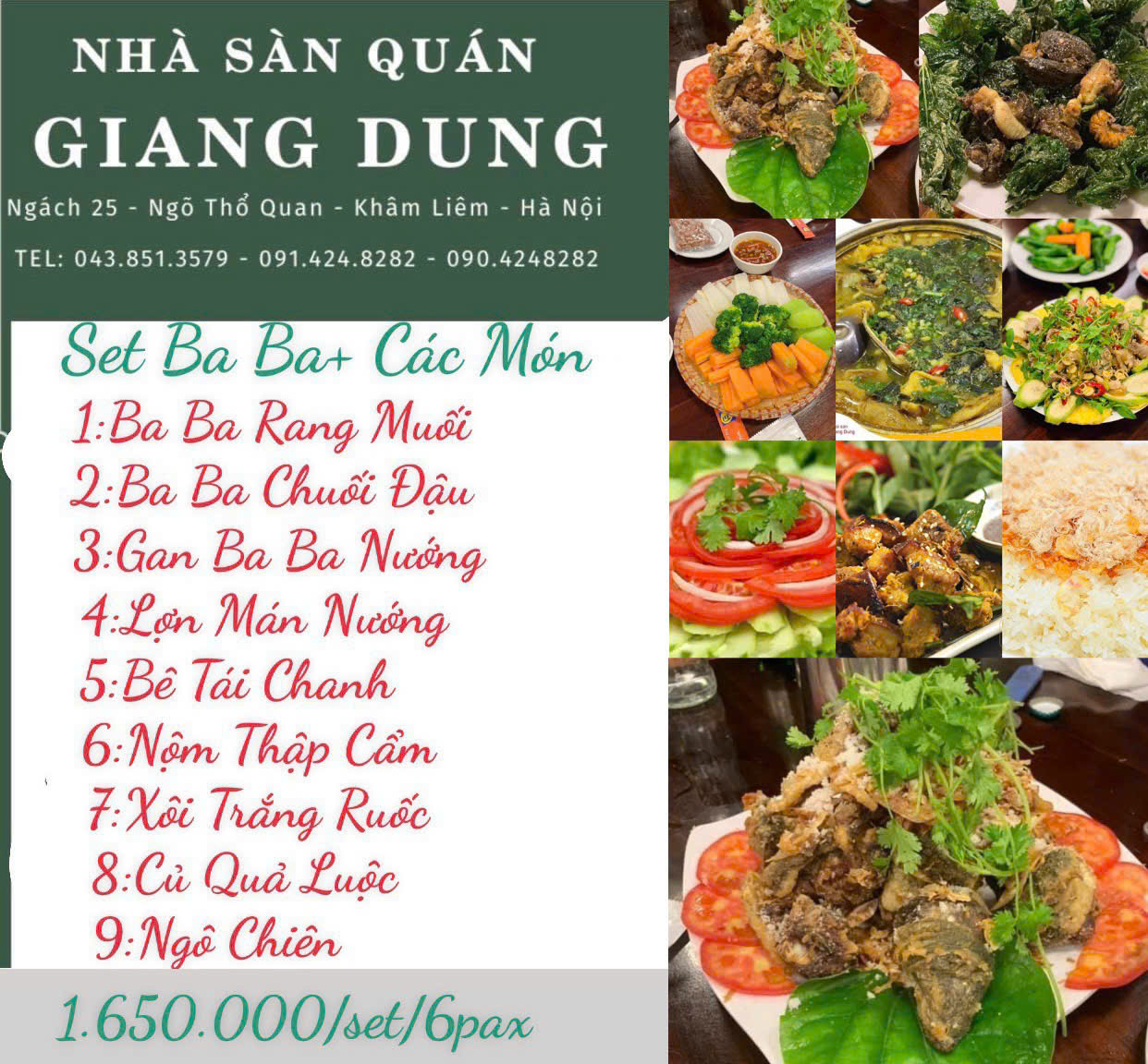 Menu Nhà Sàn Quán Giang Dung - Thổ Quan 6 