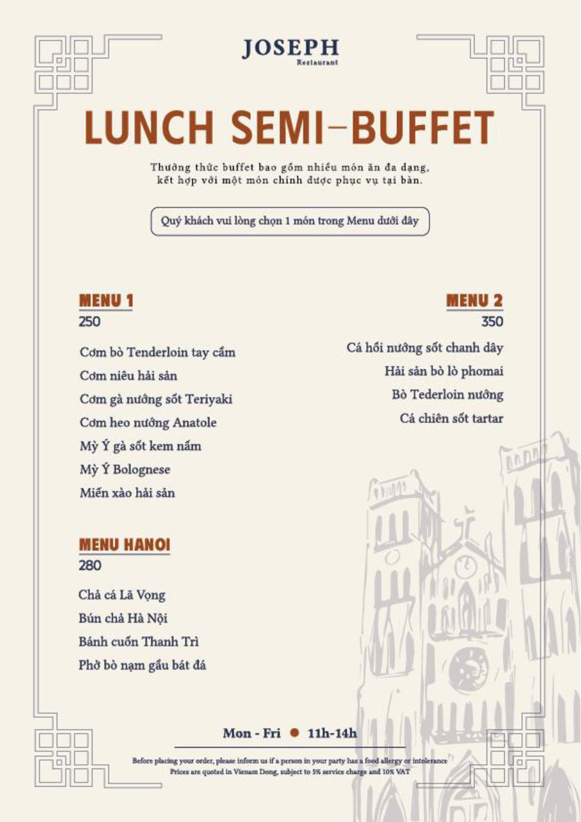 Suất Buffet Menu Hanoi Trưa T6-T7 Giá 280K