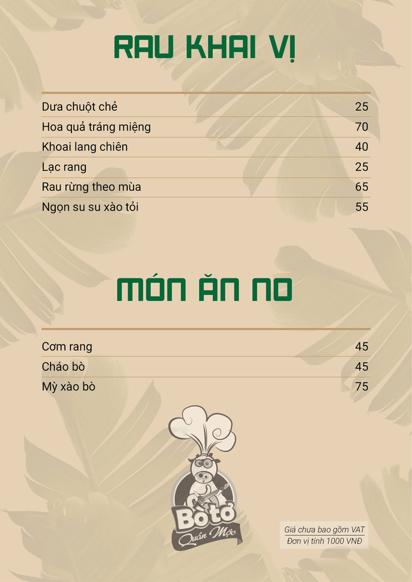 Menu Bò Tơ Quán Mộc - Hoàng Quốc Việt 1 