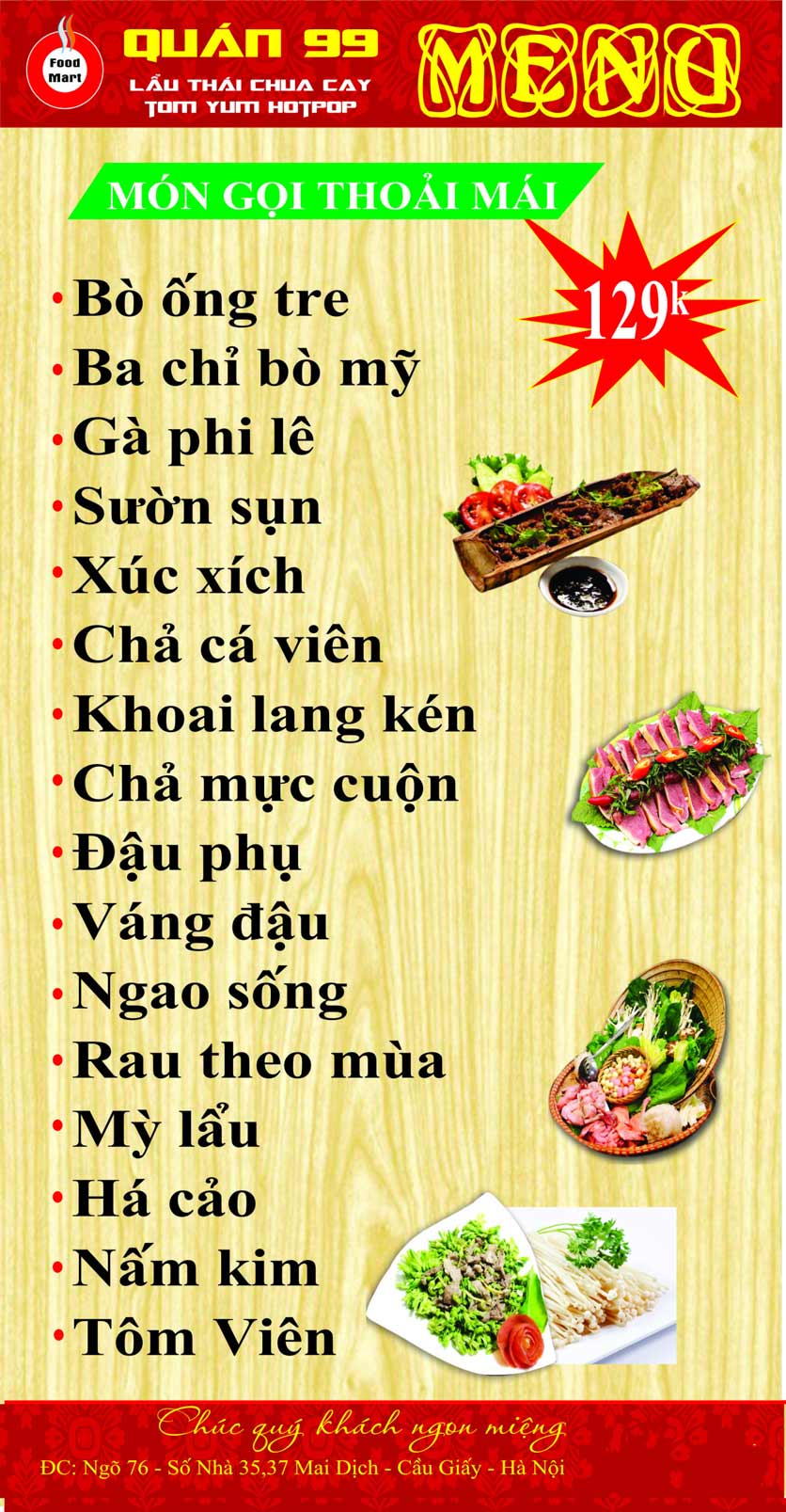 Menu Quán 99 – Lẩu Thái Chua Cay – Mai Dịch 2
