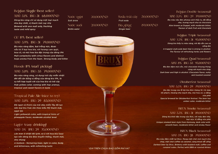 Menu BRUX Belgian Capital Beer - Trần Quốc Hoàn 2 