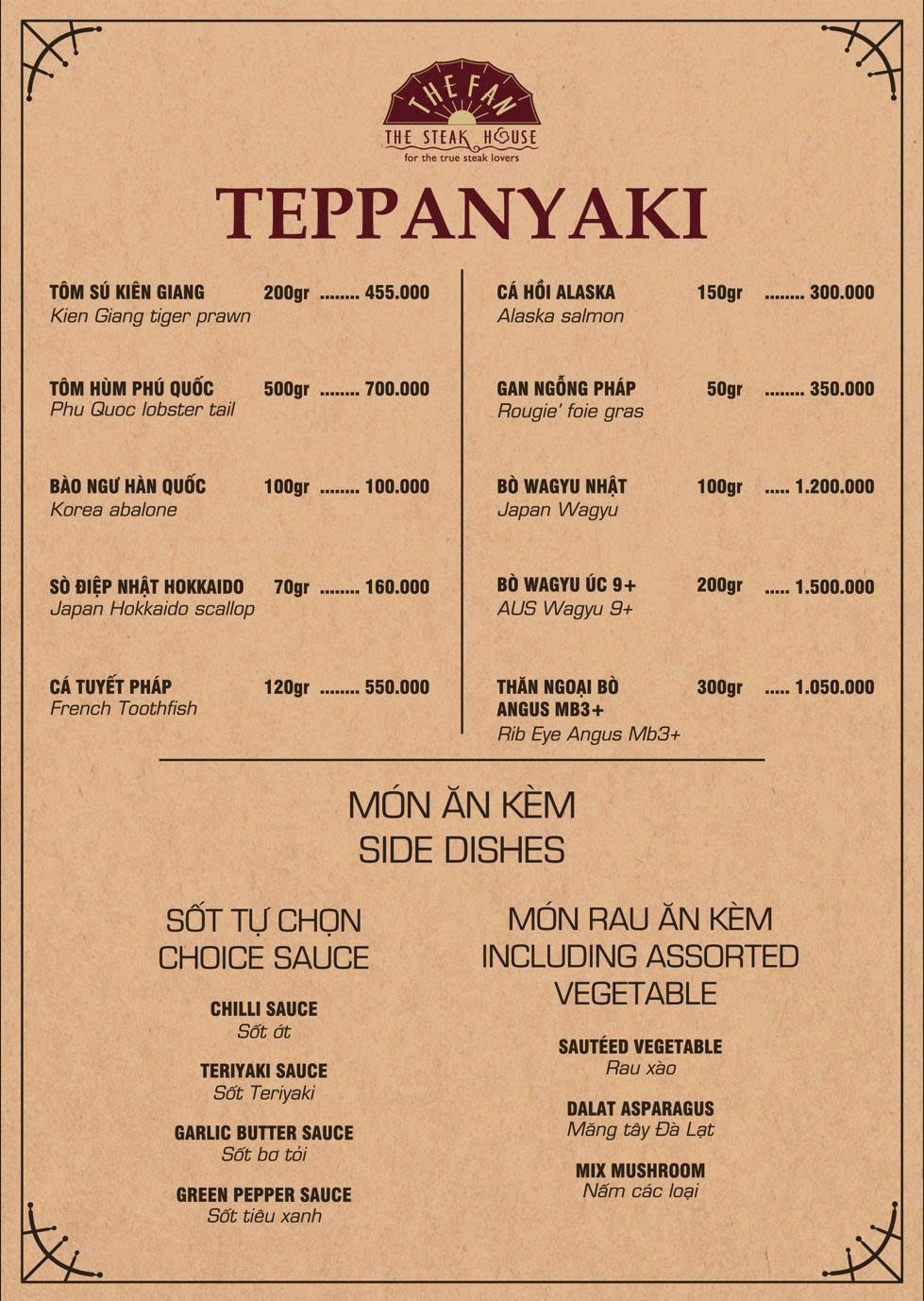 Menu Nhà hàng Steakhouse The Fan - Khu Biệt Thự Kim Long 3