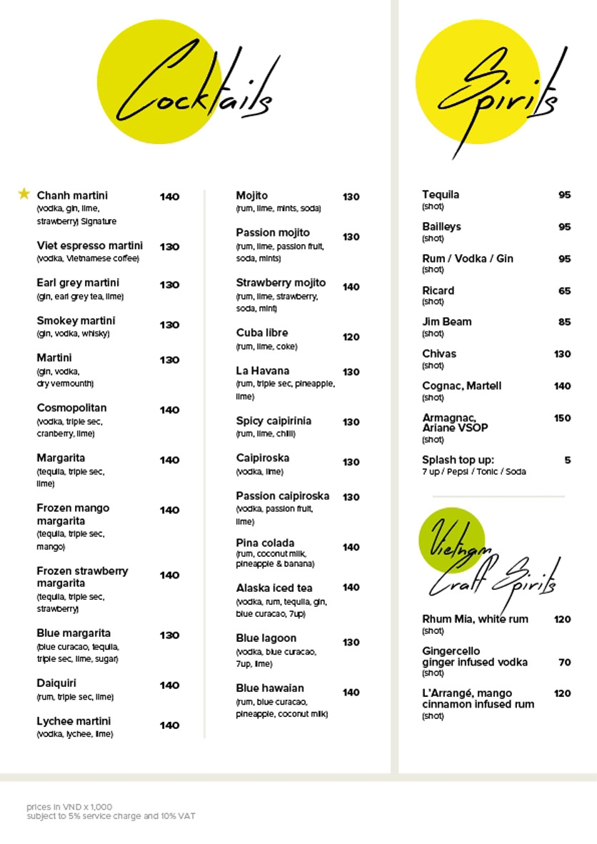 Menu Chanh Bistro Rooftop Saigon – Calmette 9
