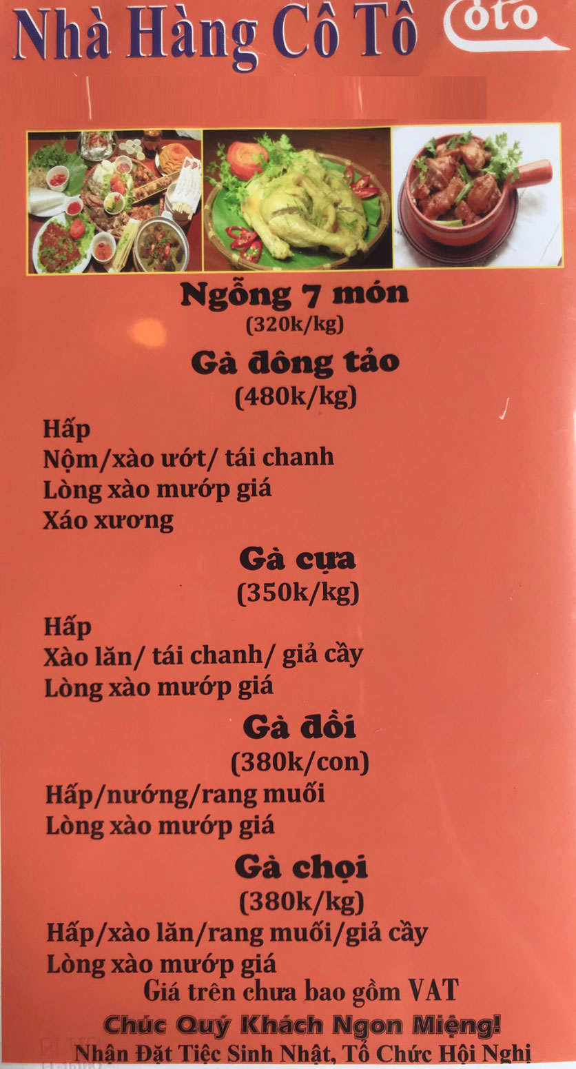 Menu Cô Tô - Trung Kính 10 