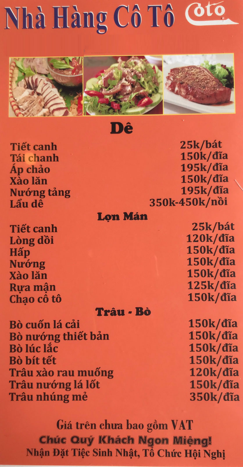 Menu Cô Tô - Trung Kính 13 