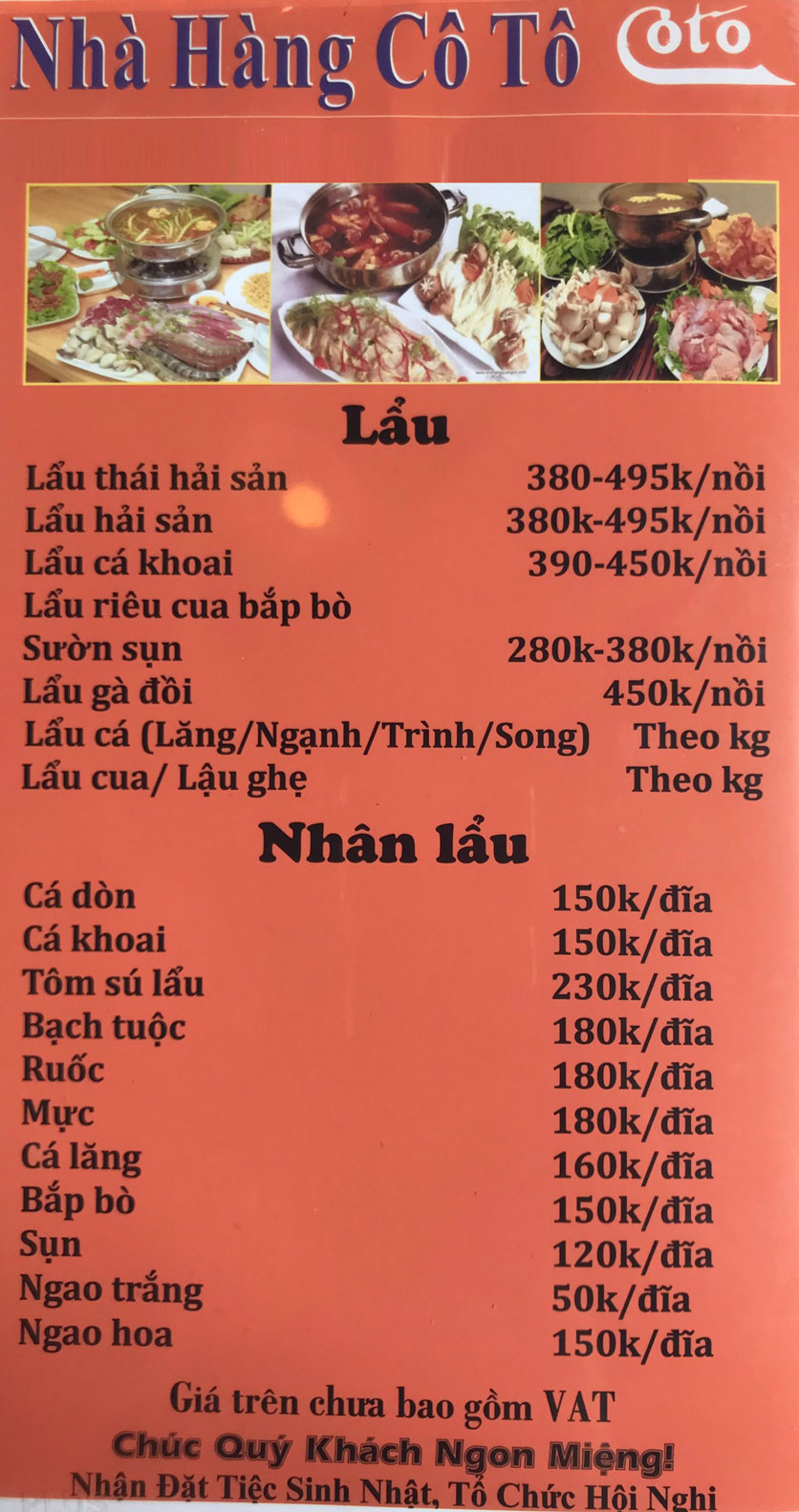Menu Cô Tô - Trung Kính 14 