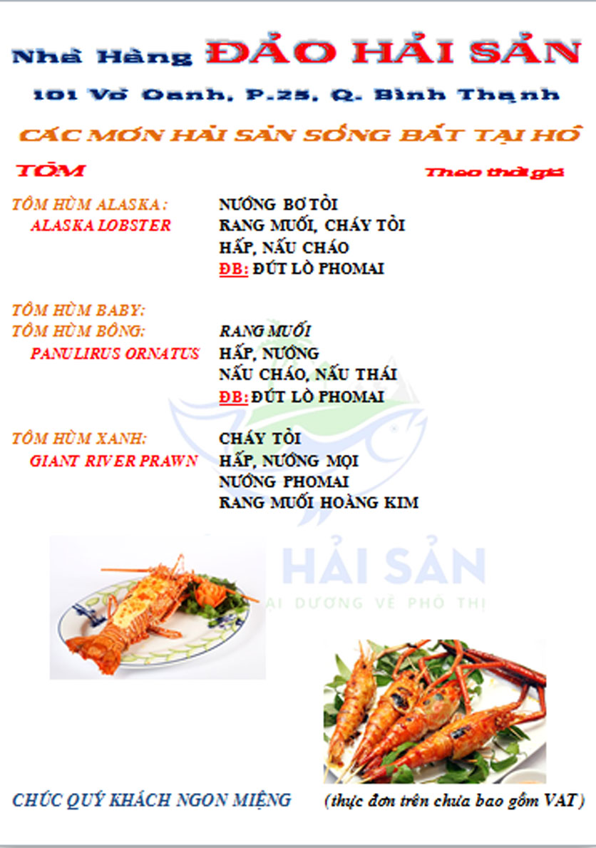 Menu Đảo Hải Sản – Võ Oanh 24 