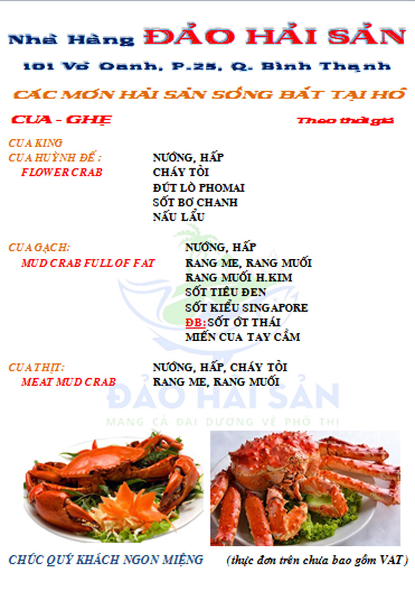 Menu Đảo Hải Sản – Võ Oanh 30 