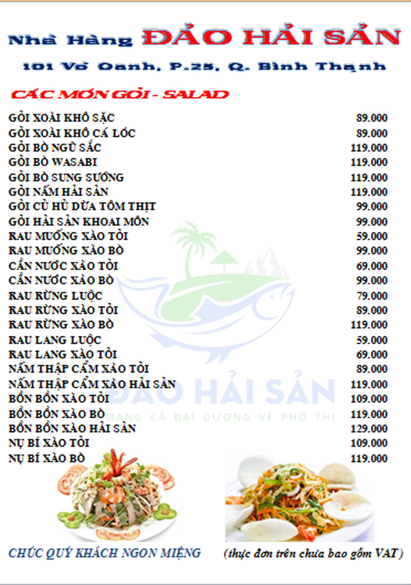 Menu Đảo Hải Sản – Võ Oanh 32 