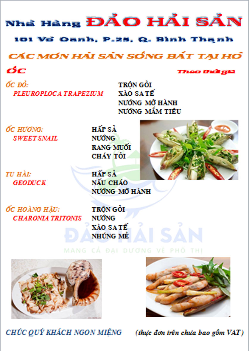 Menu Đảo Hải Sản – Võ Oanh 34 