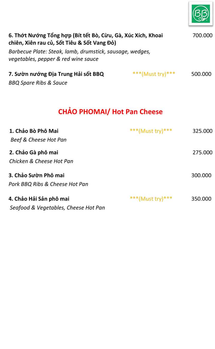 Menu Gia Đình BB - Giảng Võ 4 