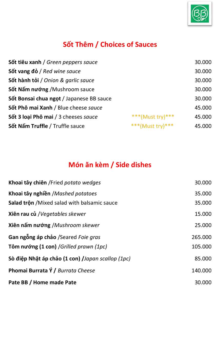 Menu Gia Đình BB - Giảng Võ 5 