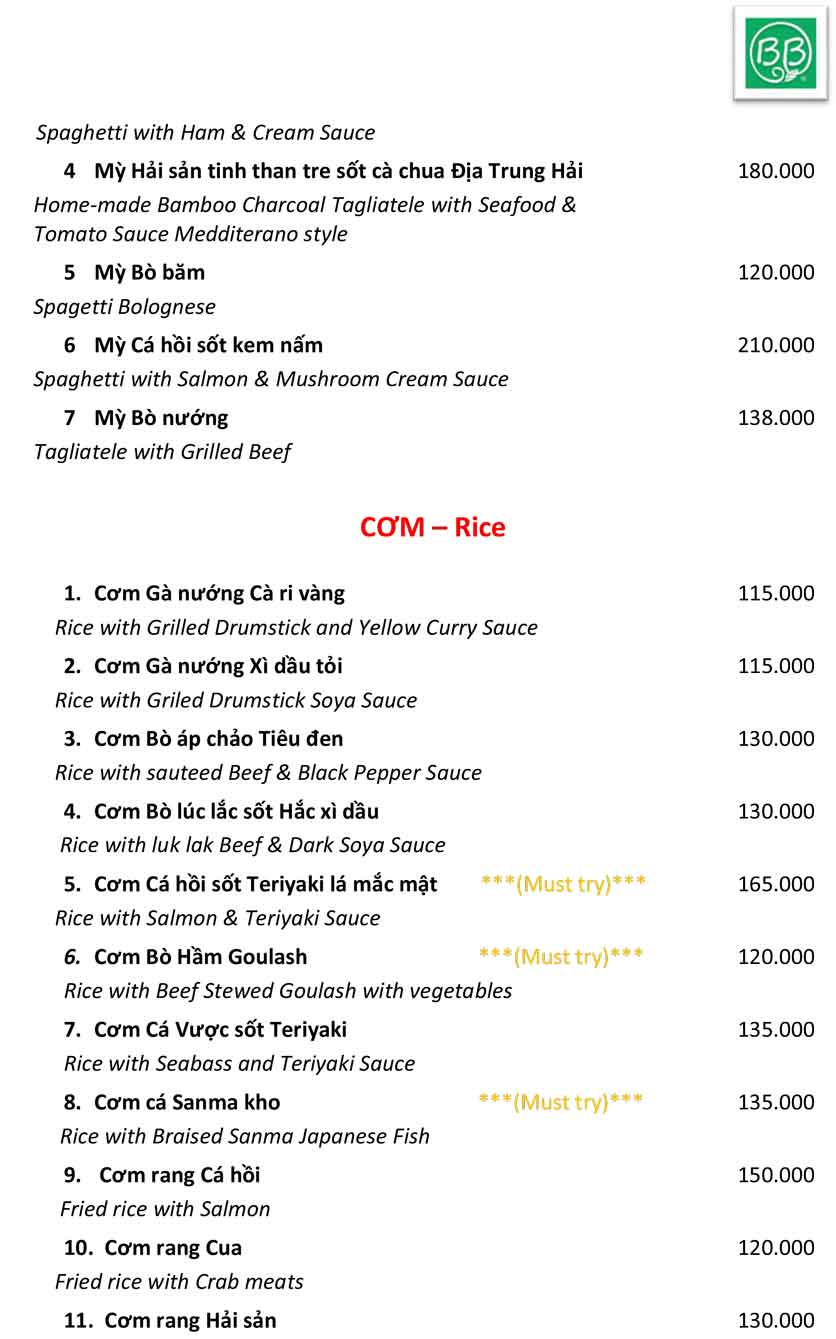 Menu Gia Đình BB - Giảng Võ 9 