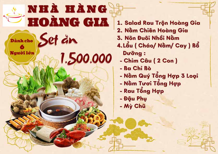 Menu Hoàng Gia - Lẩu cháo nấm thiên nhiên - Hoàng Cầu 3 