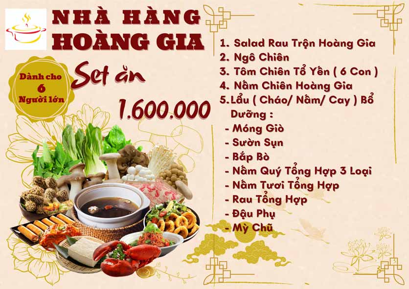 Menu Hoàng Gia - Lẩu cháo nấm thiên nhiên - Hoàng Cầu 5 