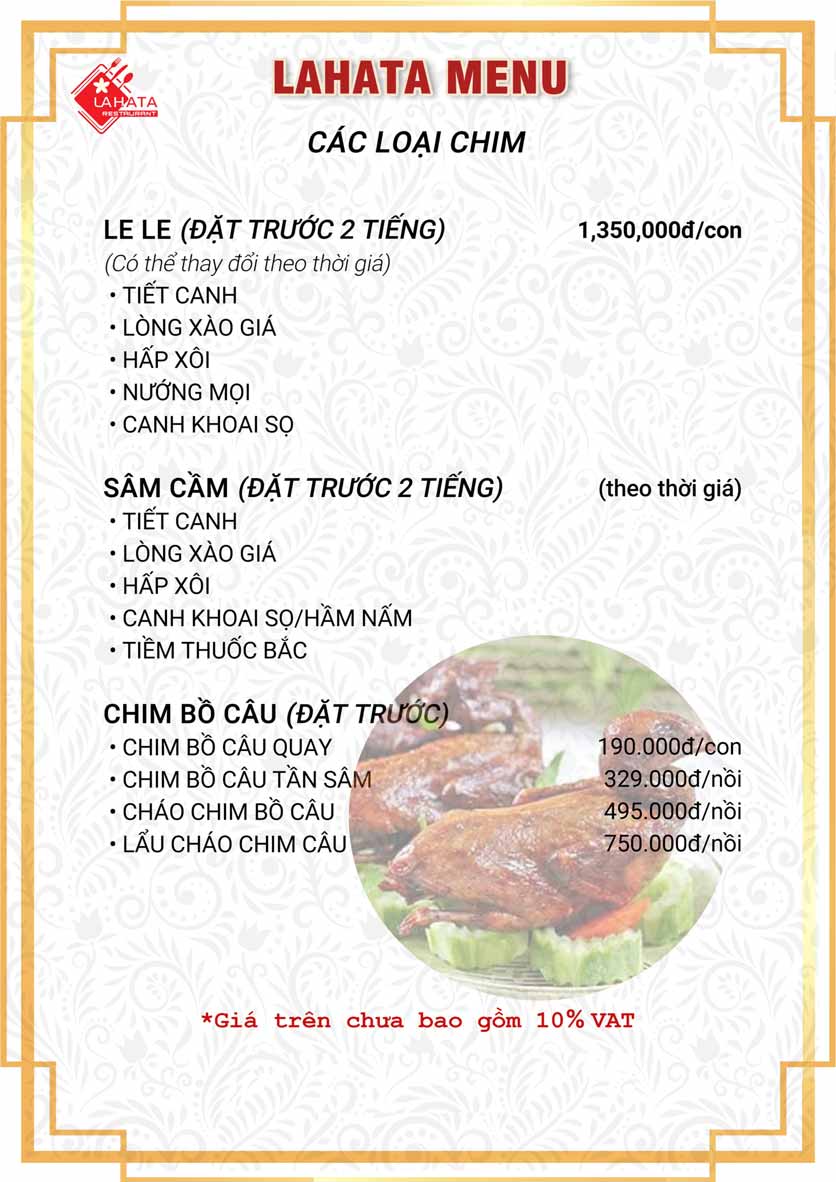 Menu Lahata Restaurant - Dương Đình Nghệ 15 
