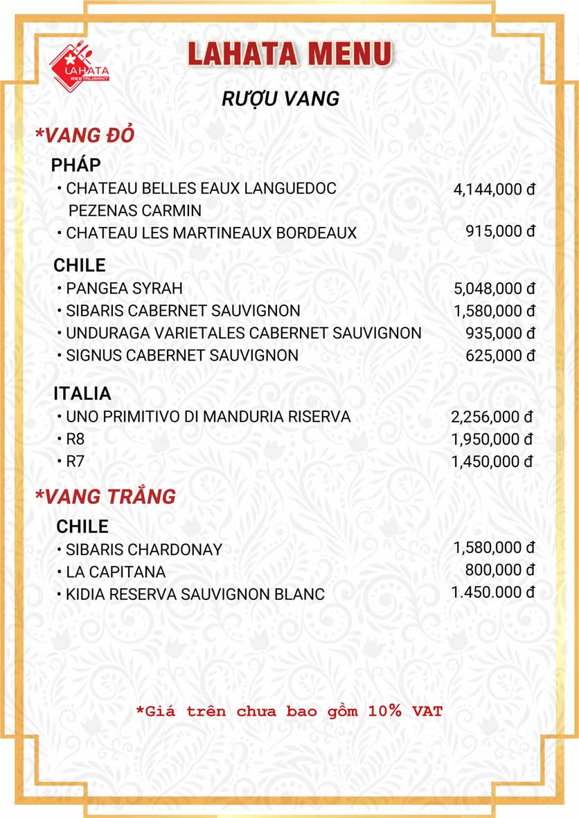 Menu Lahata Restaurant - Dương Đình Nghệ 23 