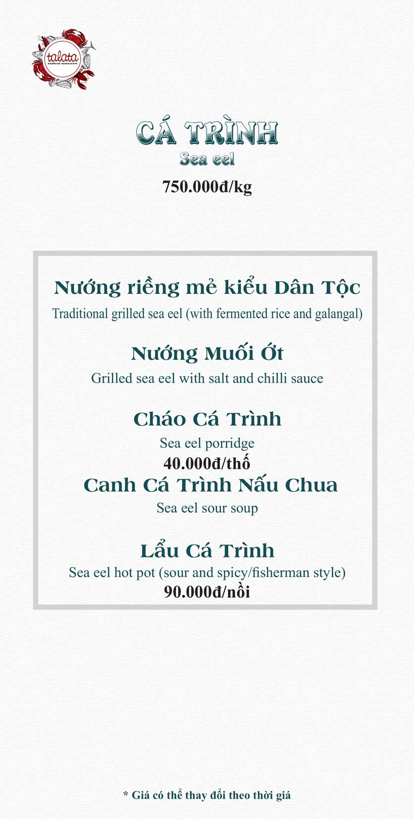 Menu Hải Sản Talata - Huỳnh Thúc Kháng 18 