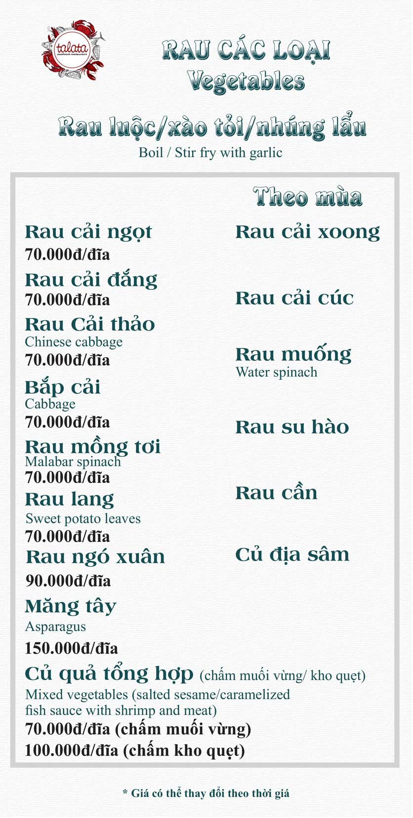 Menu Hải Sản Talata - Huỳnh Thúc Kháng 26 