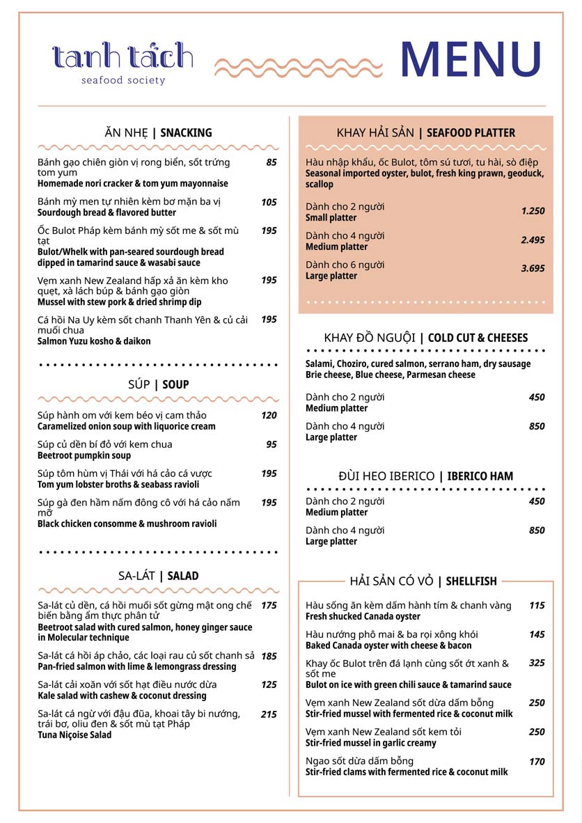 Menu Tanh Tách - Seafood Society - Yết Kiêu 2 