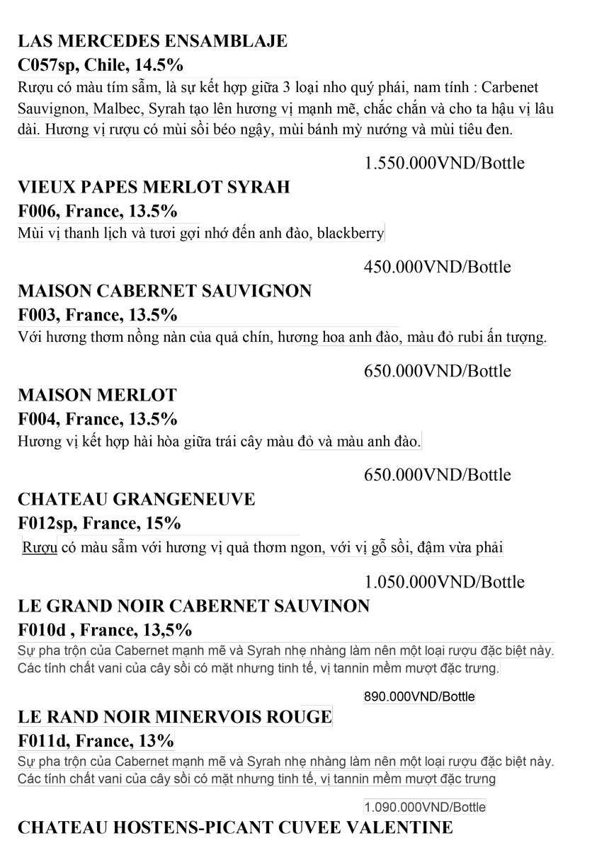 Menu Hầm Rượu Vin de Soleil – Nguyễn Tất Thành 18 