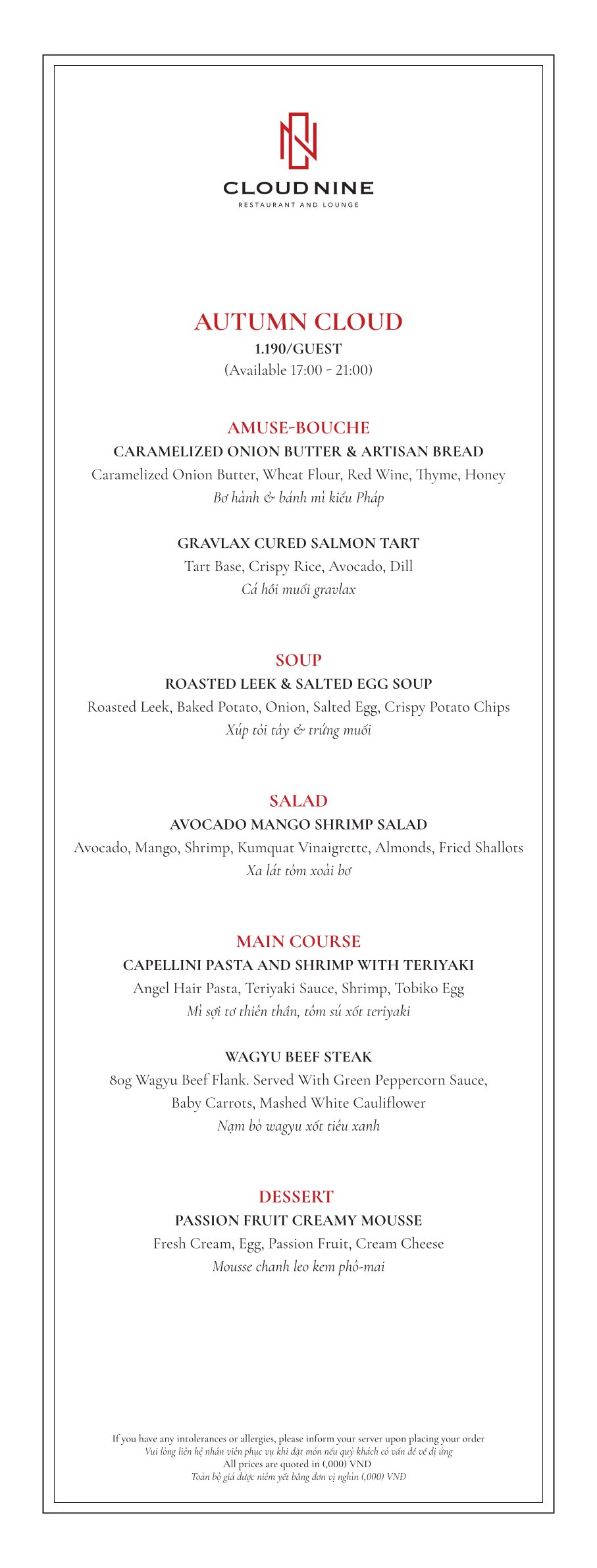 Menu Cloud Nine Restaurant - Hàng Bè 3 