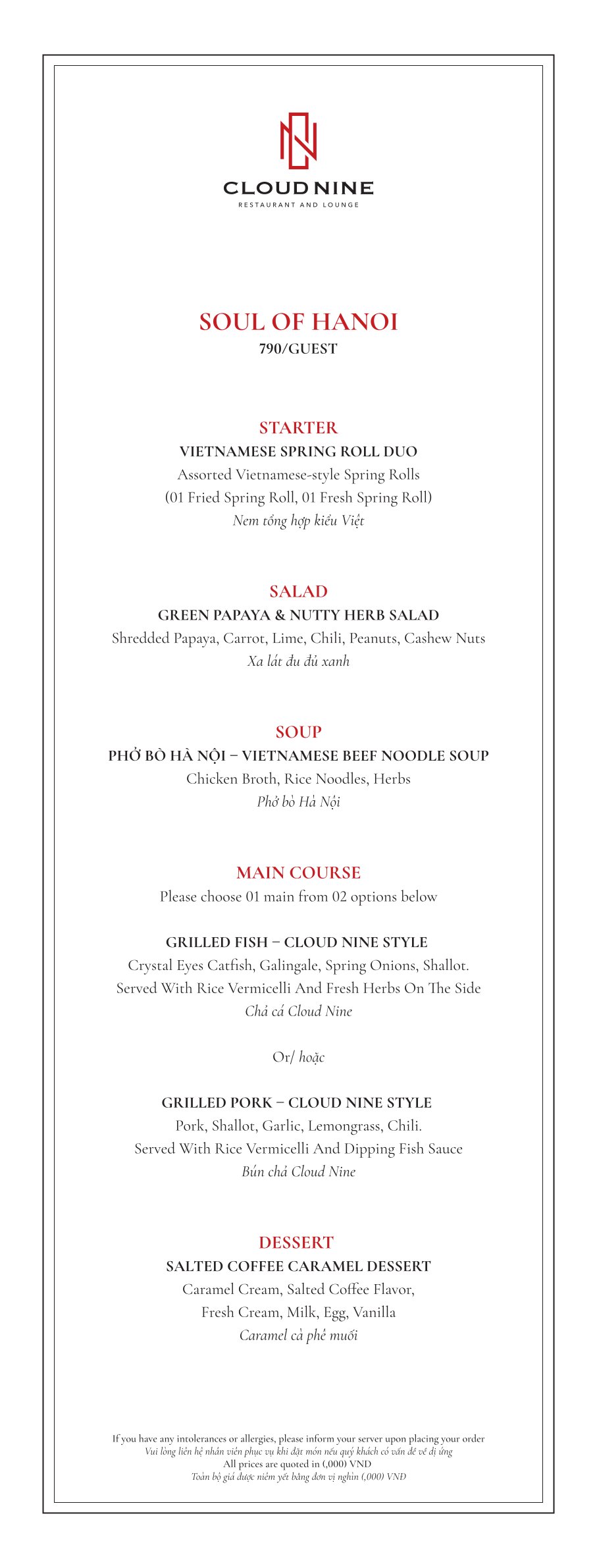 Menu Cloud Nine Restaurant - Hàng Bè 4 