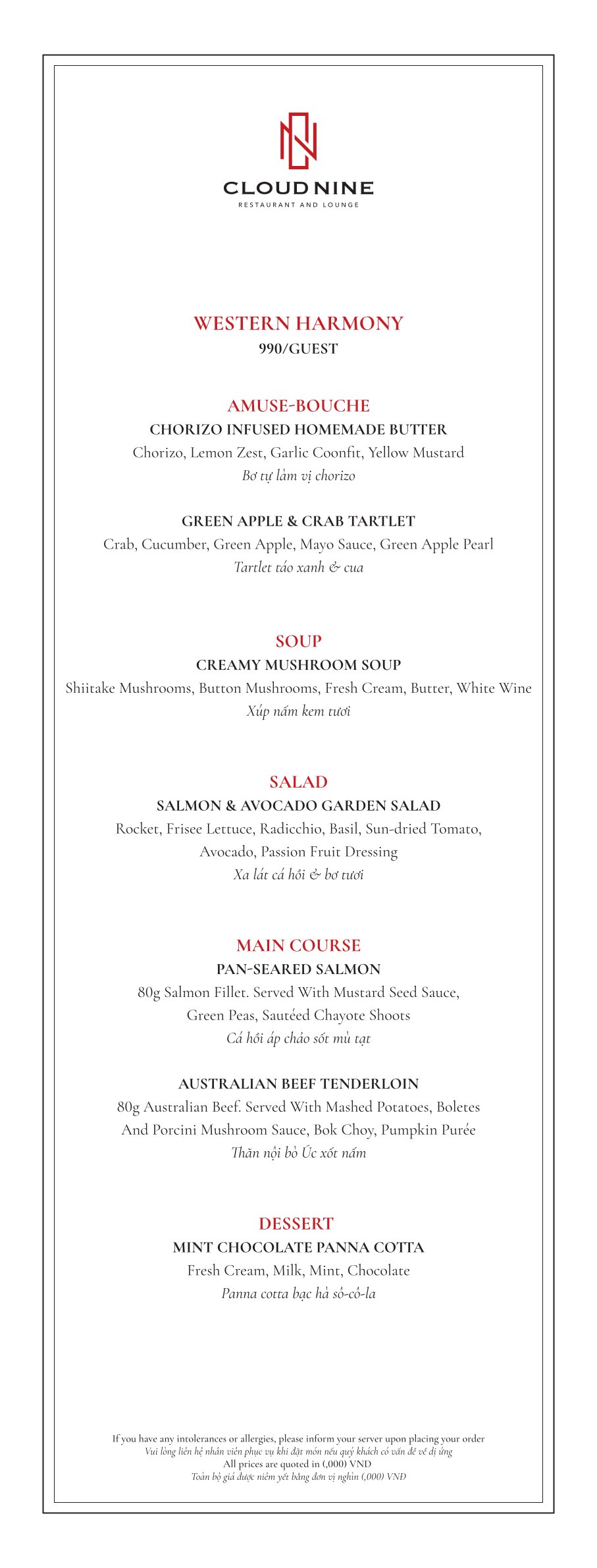 Menu Cloud Nine Restaurant - Hàng Bè 5 