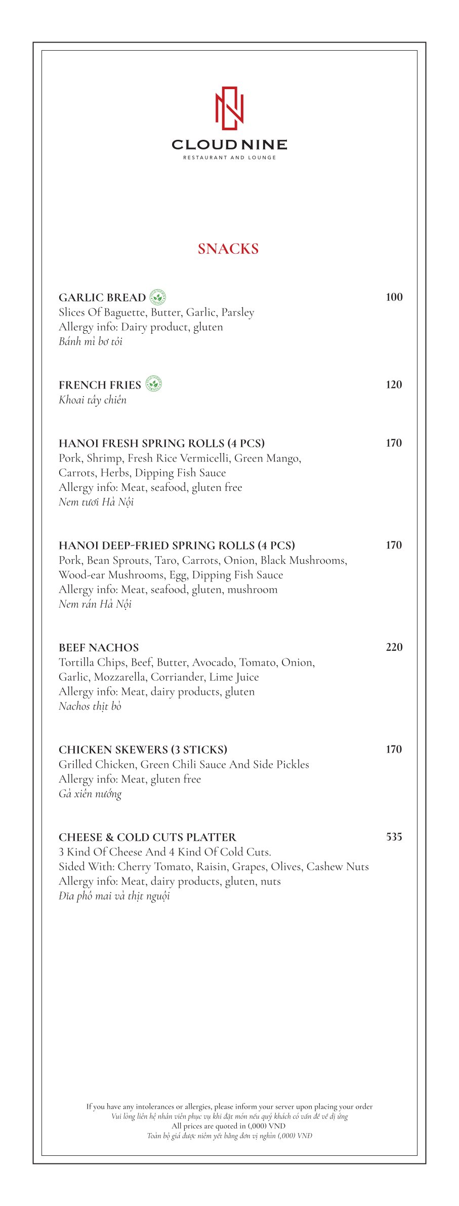 Menu Cloud Nine Restaurant - Hàng Bè 6 