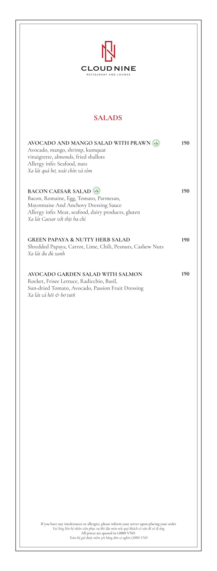 Menu Cloud Nine Restaurant - Hàng Bè 7 