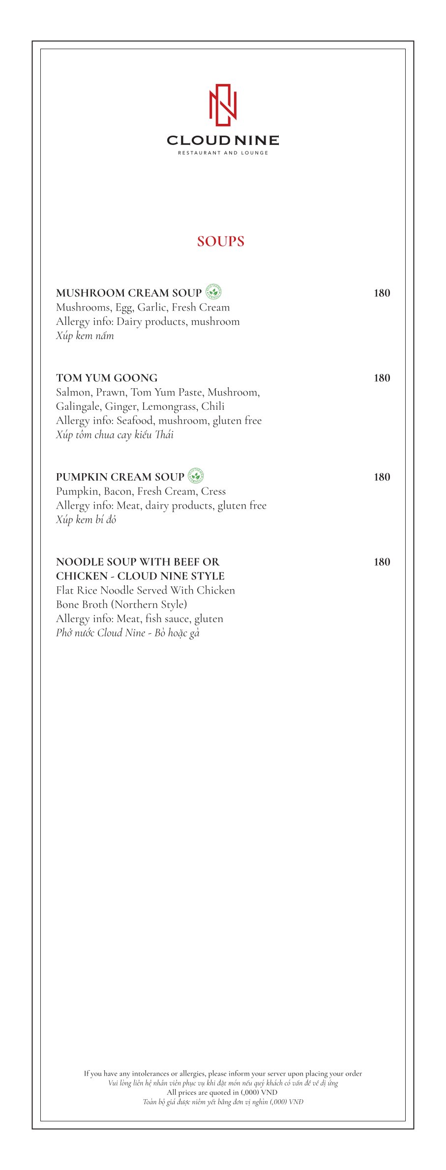 Menu Cloud Nine Restaurant - Hàng Bè 8 