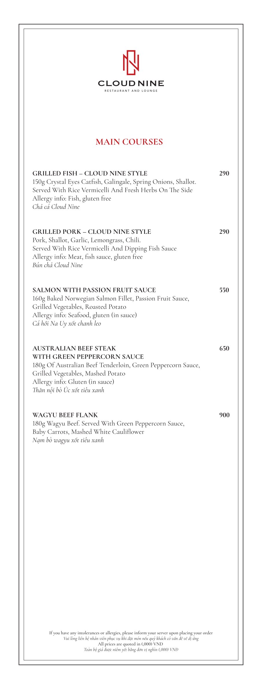 Menu Cloud Nine Restaurant - Hàng Bè 9 