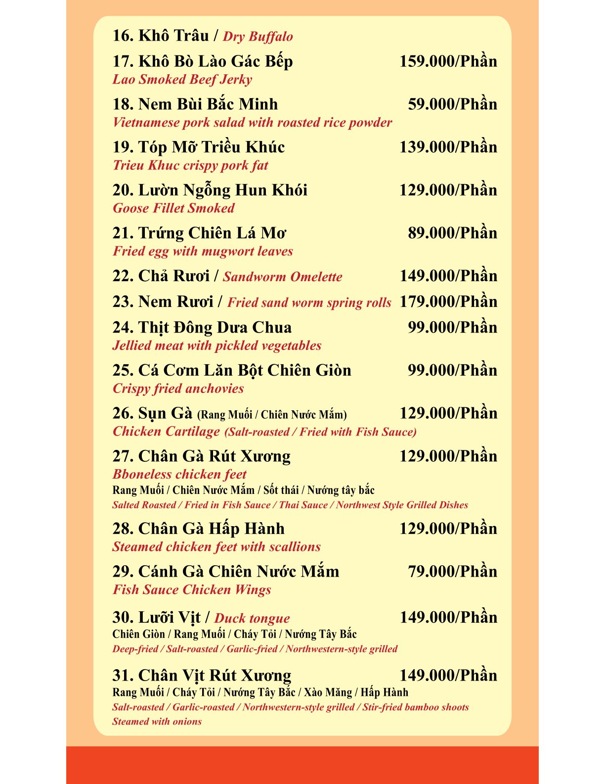 Menu Làng Vũ Đại - Song Hành 9 