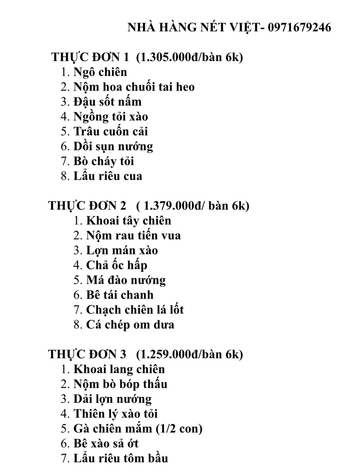 Menu Nét Việt - KĐT Kim Văn Kim Lũ 1 