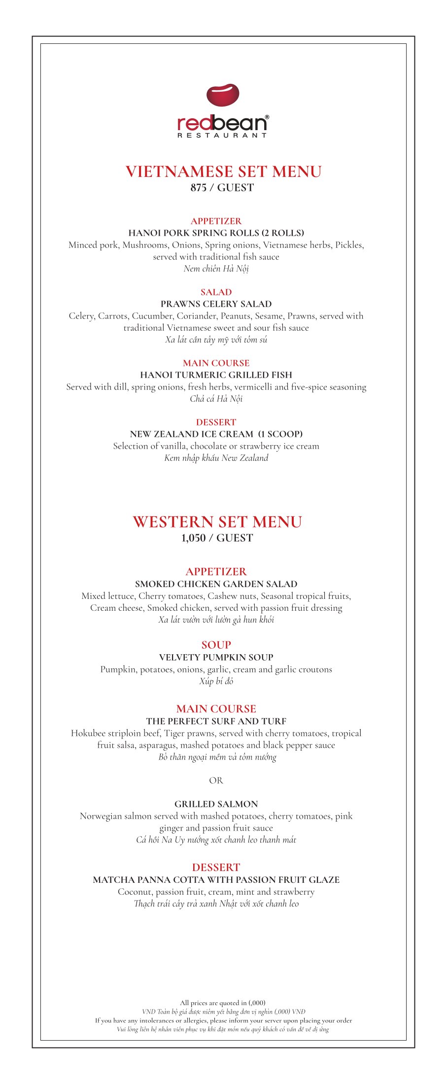 Menu Red Bean Central Restaurant – Hàng Thùng 3