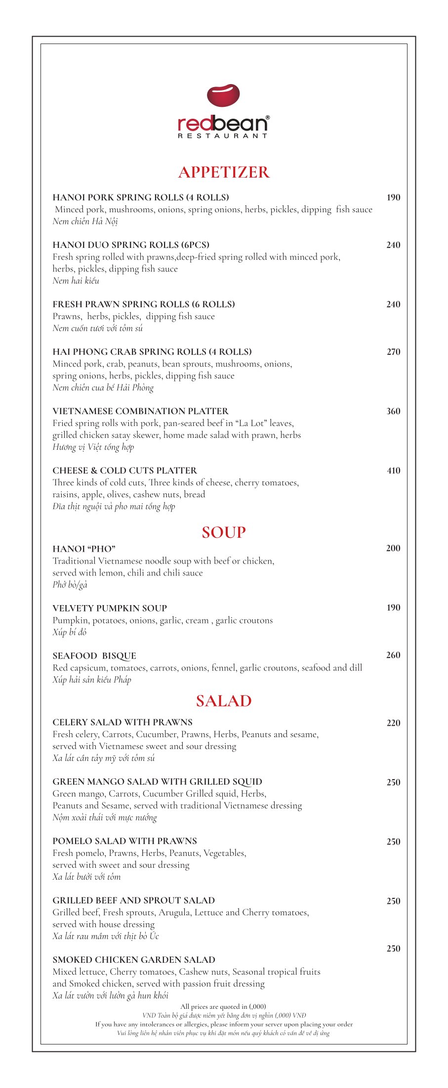 Menu Red Bean Central Restaurant – Hàng Thùng 5