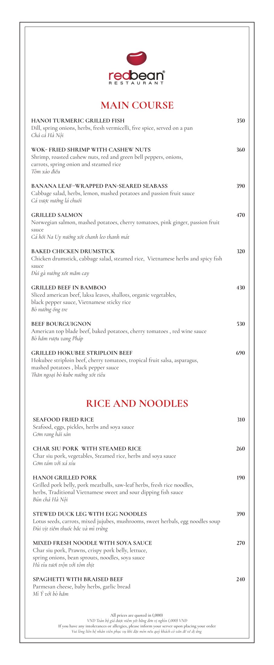 Menu Red Bean Central Restaurant – Hàng Thùng 6