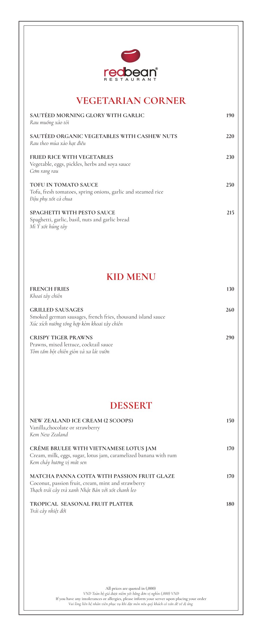 Menu Red Bean Central Restaurant – Hàng Thùng 7